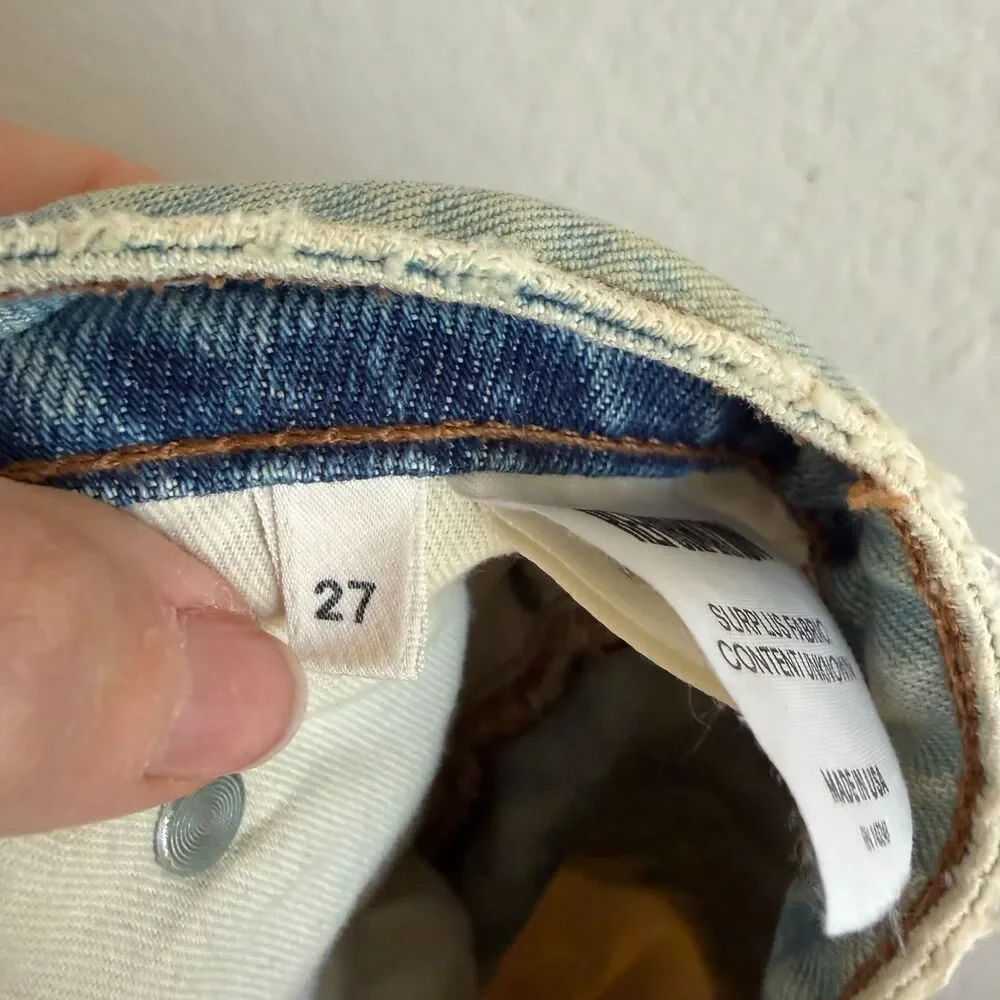REFORMATION Tie-Dye Blue Cream Petite Wide Crop Raw Hem Denim Jeans Womens 27